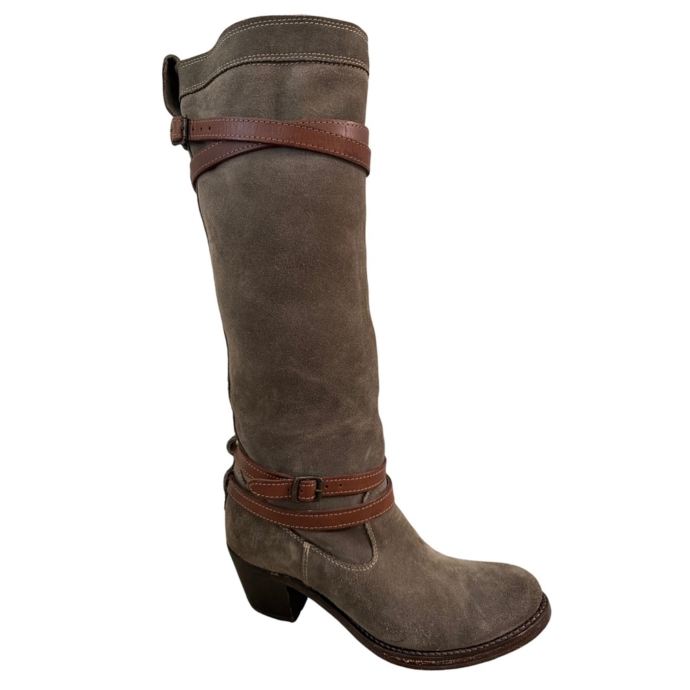 Frye Womens Sz 7B‎ Grey Suede Tall Buckle Wrap Strap Block Heel Boots 7Taupe